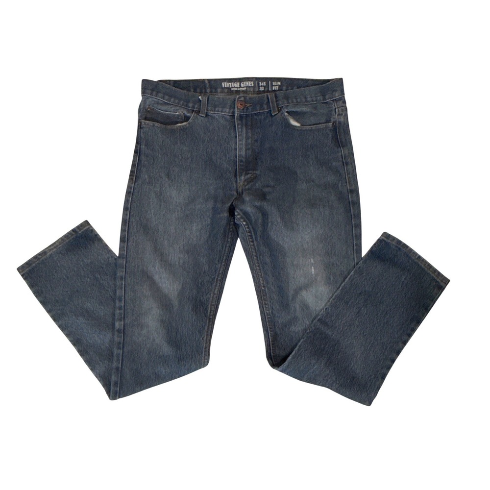 Vintage Genes Mens Slim‎ Fit Jeans 34x32 Medium Wash Lived In Denim Blue Pants